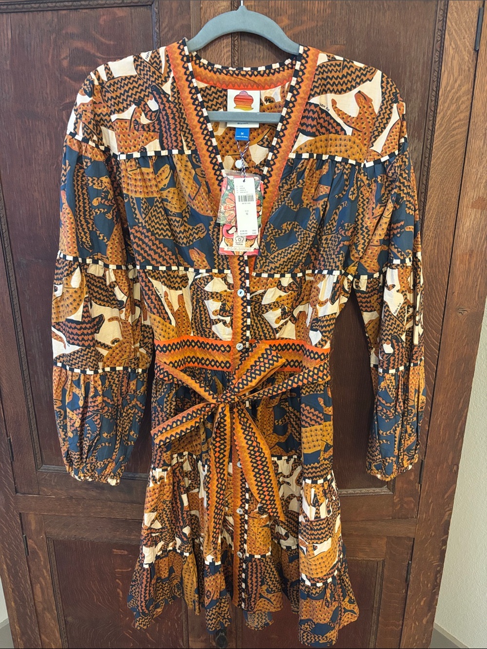 FARM Rio Patchwork Tie-Waist Long Sleeve Mini Dress in Rust, Navy & Cream - NWT